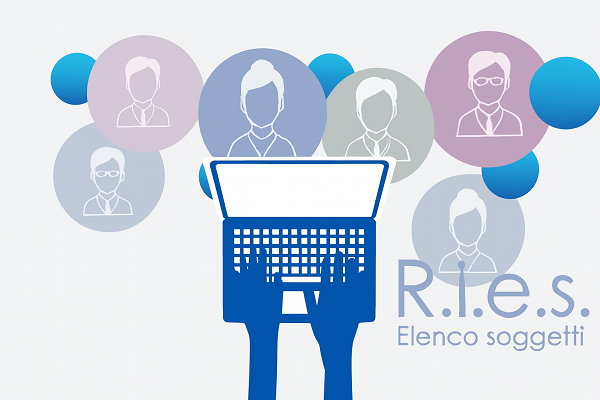 Grafica stilizzata con persona al computer e icone circolari che rappresentano soggetti registrati nel RIES